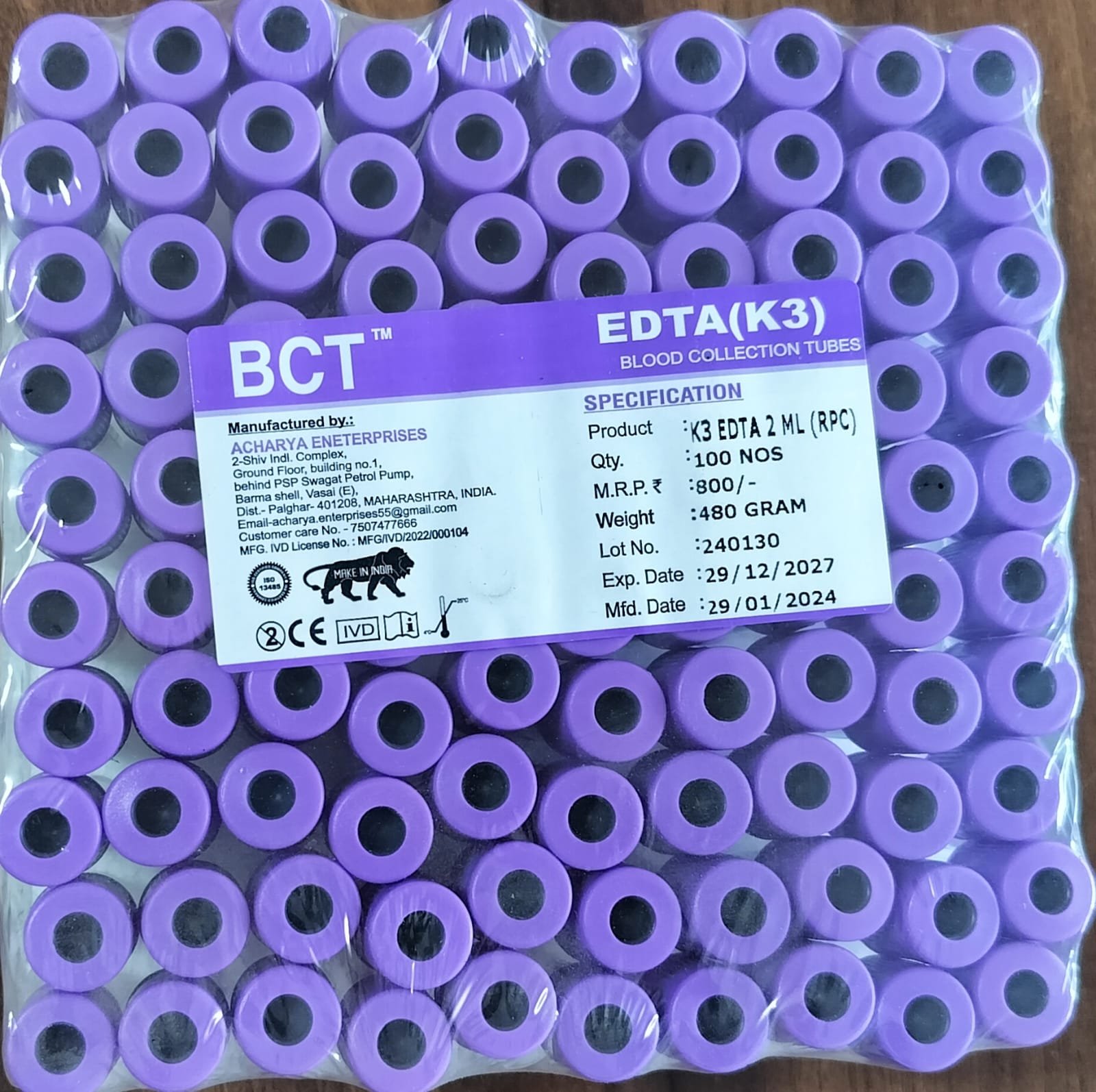 BCT EDTA K3 Blood Collection Tubes, Purple, 2 mL, 100 Pcs